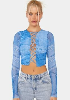 AFRM Denim Print Aida Lace-Up Top Lace-Up Crop Top
