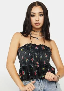 AFRM Tops Noir Adrienne Smocked Velour Crop Top