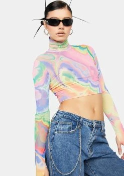 AFRM Mesh Shirt Abstract Marble Micaela Mesh Turtleneck Top