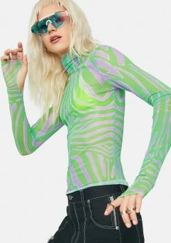 AFRM Tops Green Zebra Zadie Mesh Turtleneck