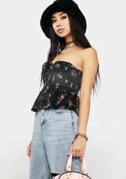 AFRM Tops Noir Adrienne Smocked Velour Crop Top