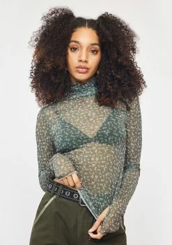 AFRM Olive Tulip Daisy Mesh Zadie Turtleneck