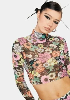 AFRM Tops Noir Garden Micaela Mesh Turtleneck Top