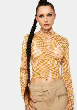 AFRM Tops Blush Checkerboard Zadie Mesh Turtleneck Top