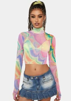 AFRM Abstract Multi Marble Micaela Long Sleeve Mesh Top Mesh Shirt