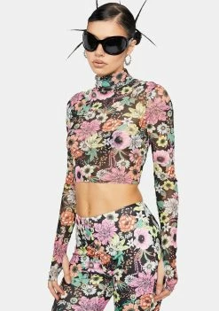 AFRM Tops Noir Garden Micaela Mesh Turtleneck Top