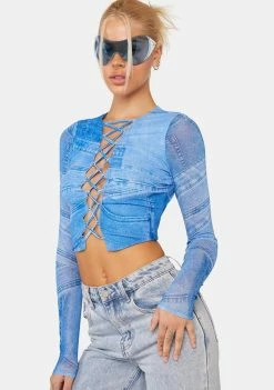 AFRM Denim Print Aida Lace-Up Top Lace-Up Crop Top